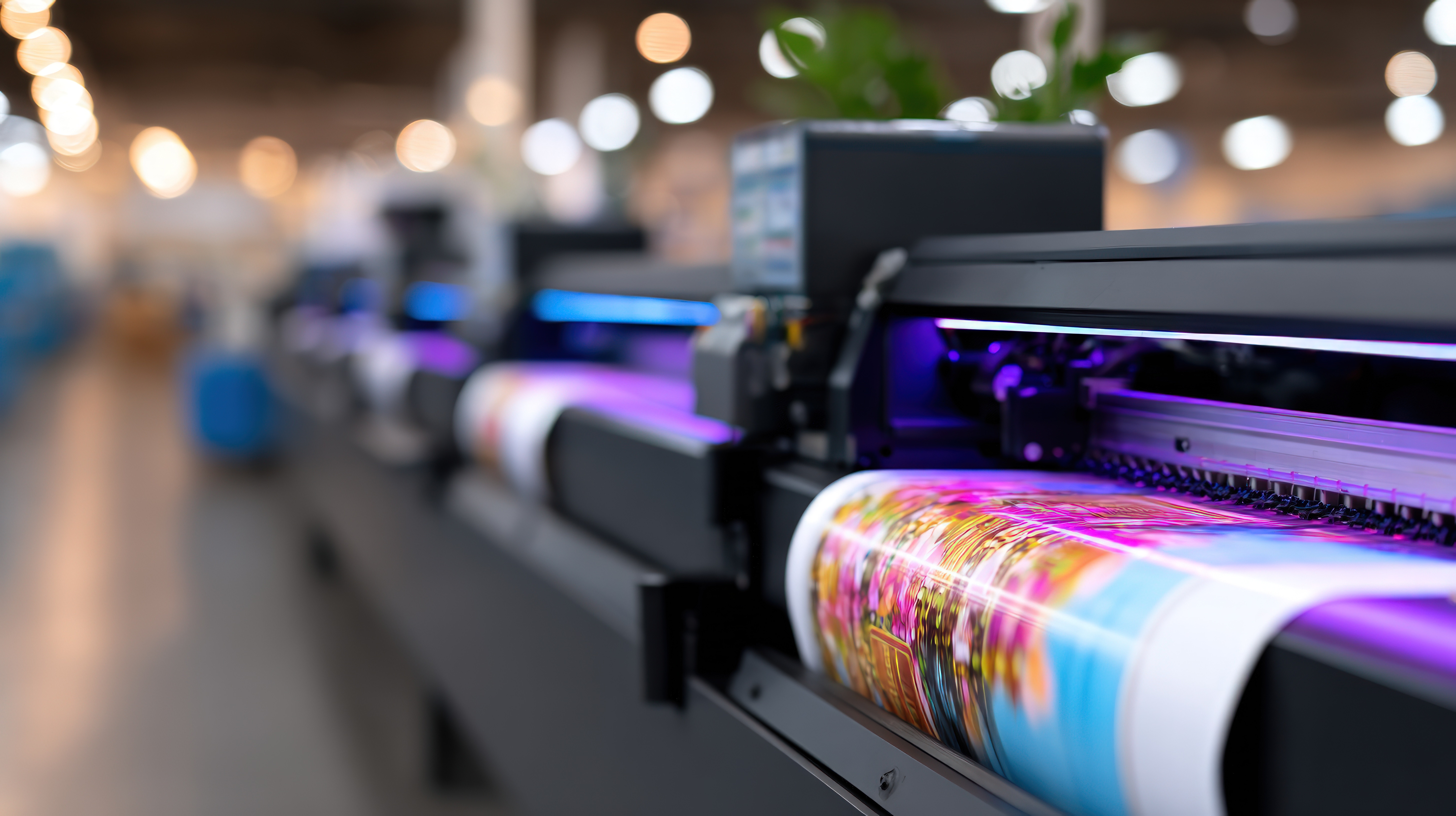 Colorful commercial artwork moving through a professional printing press
