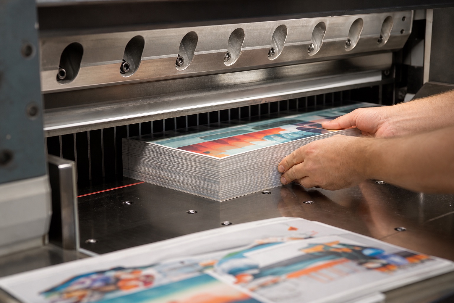 A press operator aligning a finished stack beneath an industrial paper cutter